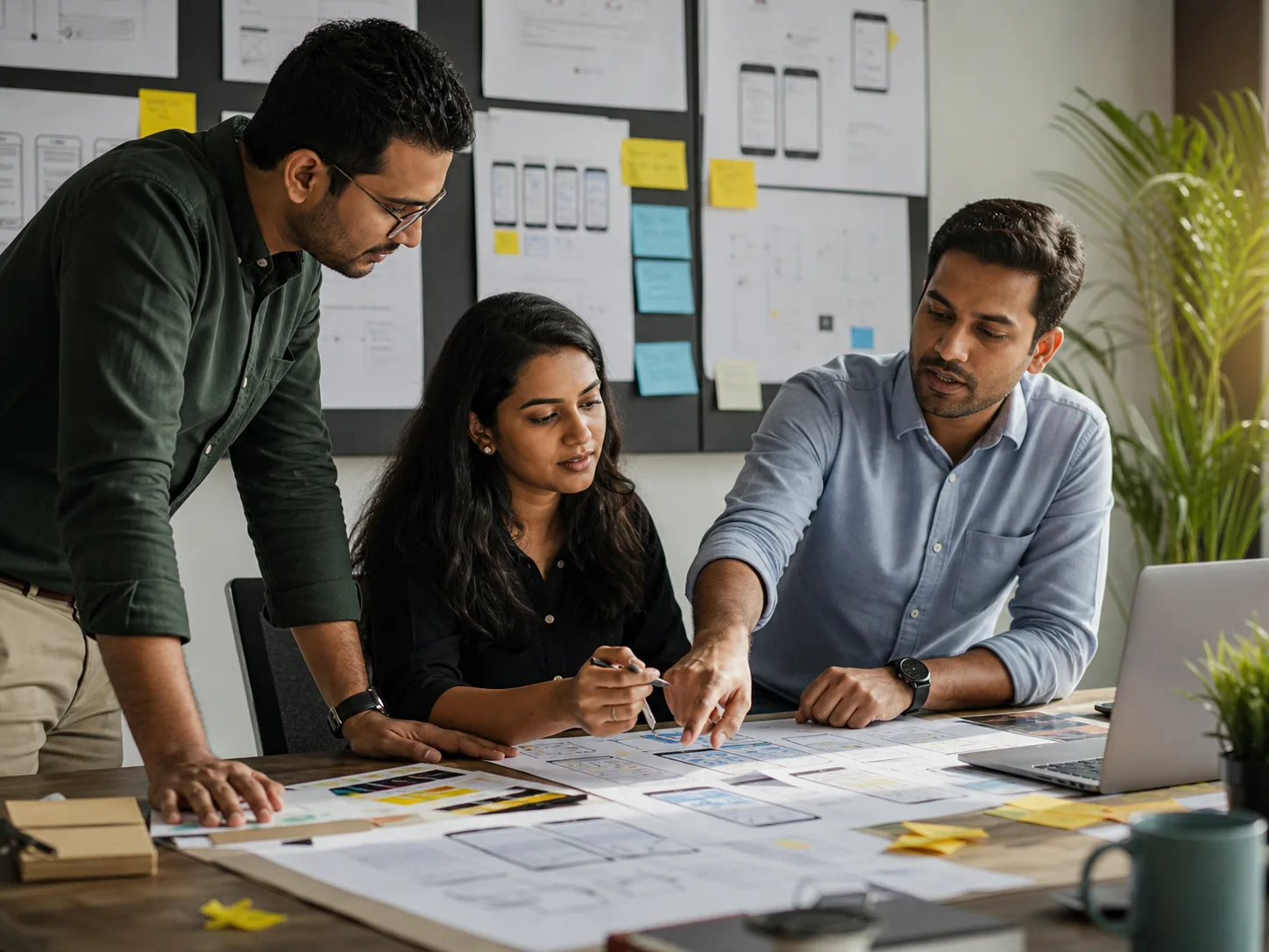 Illustrative product team reviewing research and interface prototypes