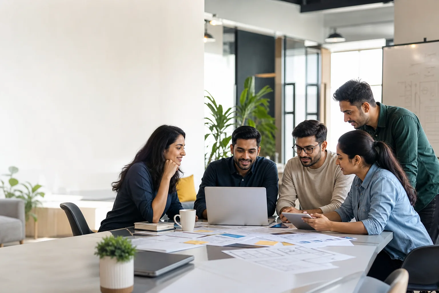 Illustrative product, design and technology team collaborating around a laptop