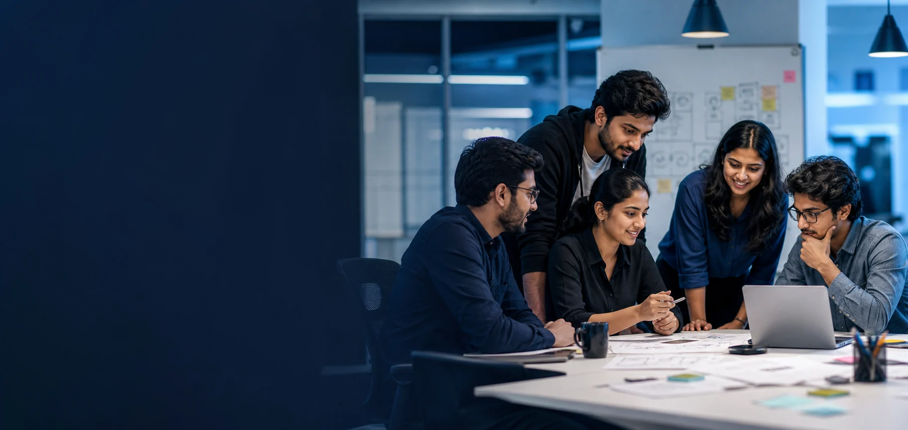 Illustrative multidisciplinary team collaborating in a modern product studio