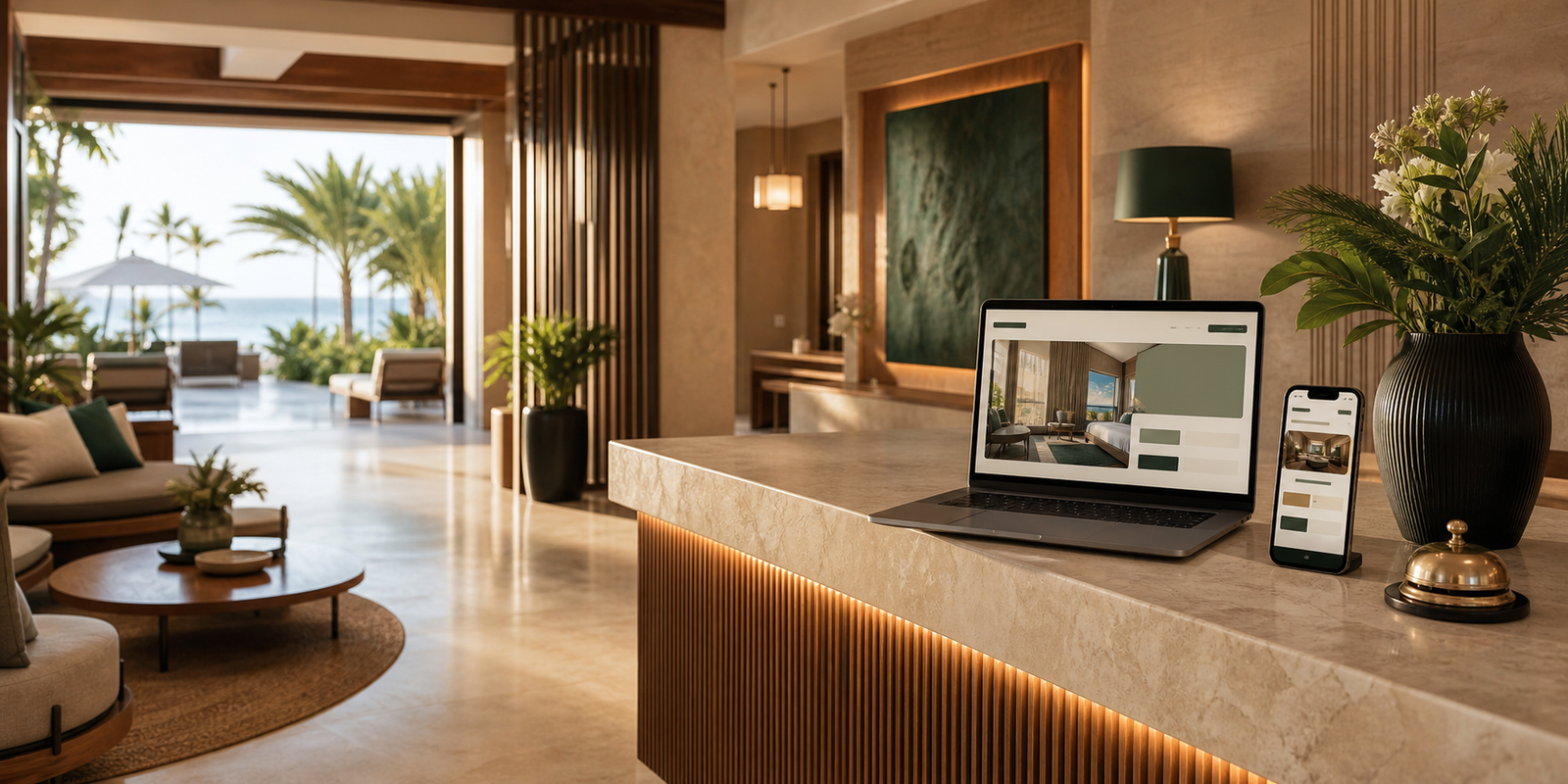 Modern hotel reception with a hotel booking website and mobile app