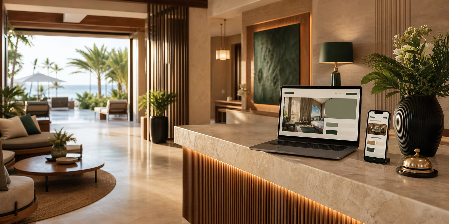 Modern hotel reception with a hotel booking website and mobile app